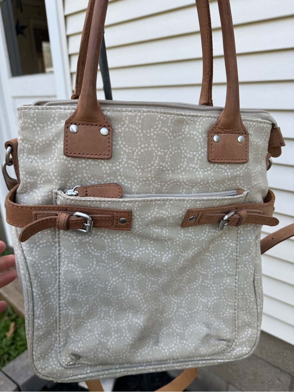 Vintage LL Bean Tan Leather Green Cotton Canvas Buckle Shoulder Bag Tote